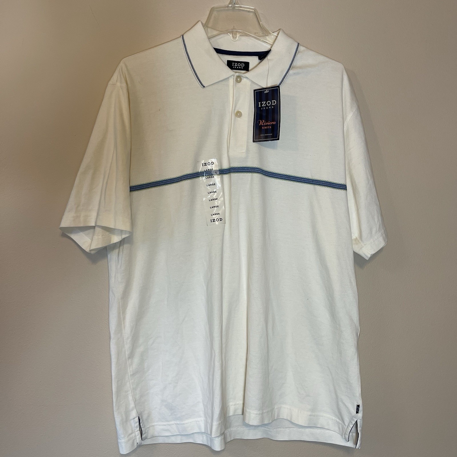Nwt Izod Men's Polo Shirt Size Large Riviera Knit Ivory Cream Stripe Blue Green